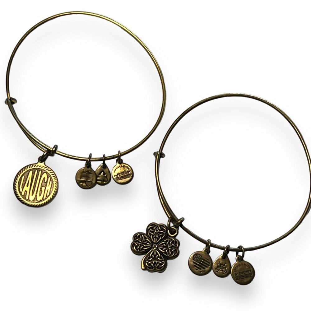 Alex and Ani Energy Bangle Bracelets Set of 2 Charm Expandable Wire Shamrock